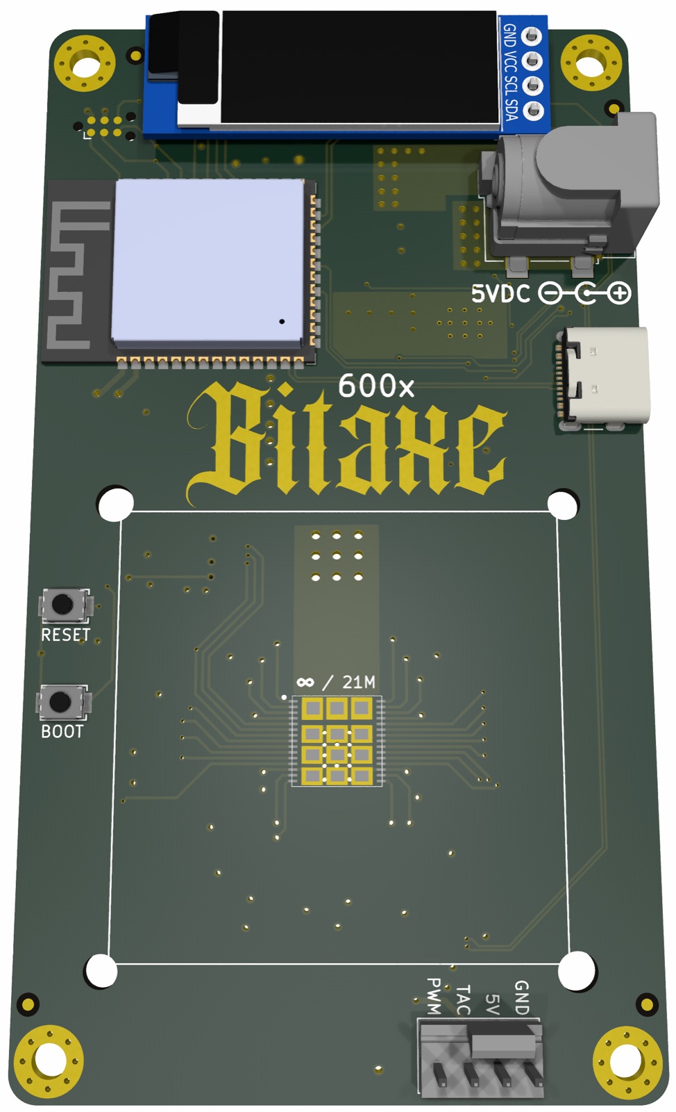 Render 3D del PCB del Bitaxe Gamma 600x